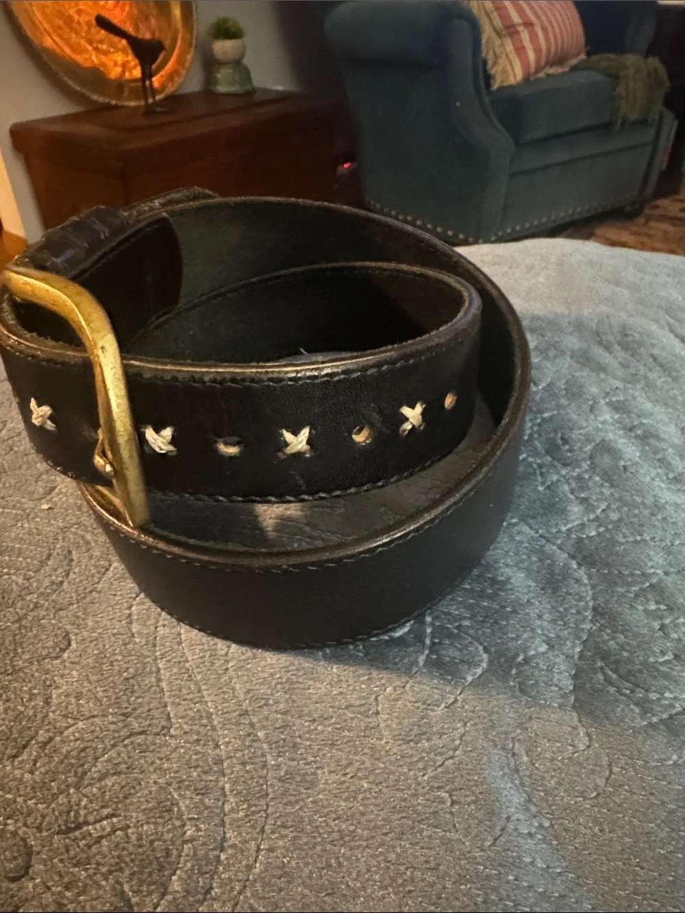 Black Leather Belt with Gold Buckle and Star Accent